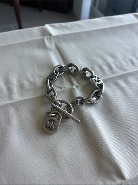 Michael Kors Silver-Tone Chain Bracelet with Toggle and MK Charms